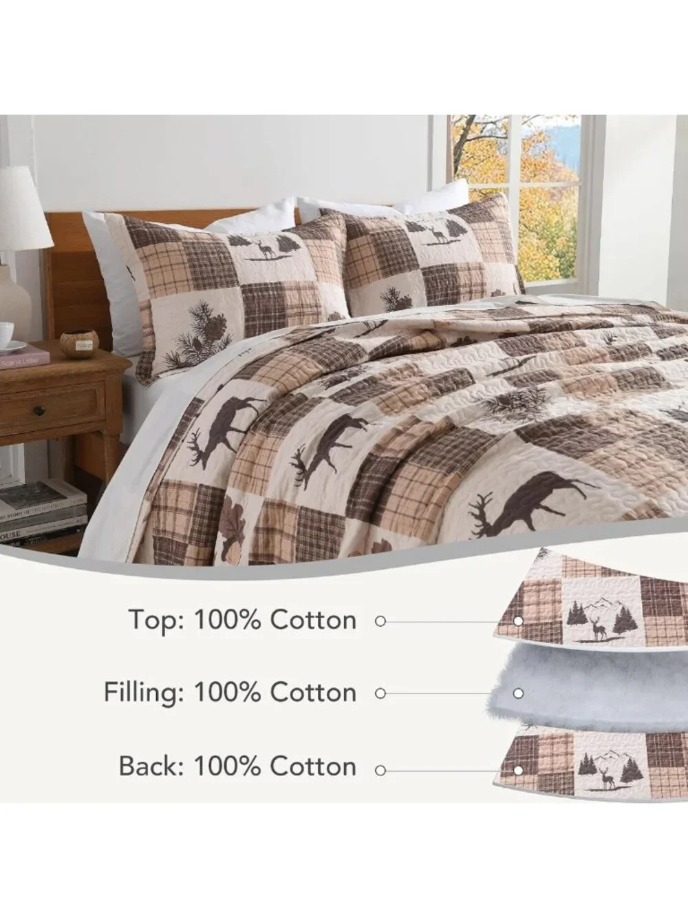 Lightweight 100% Cotton Queen Quilt Set - Deer & Plaid Design, 3 Pieces
